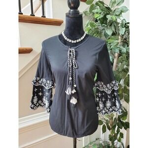 A.n.a Womens Black Solid Long Sleeve Round Neck Drawstring Blouse Top Size XS